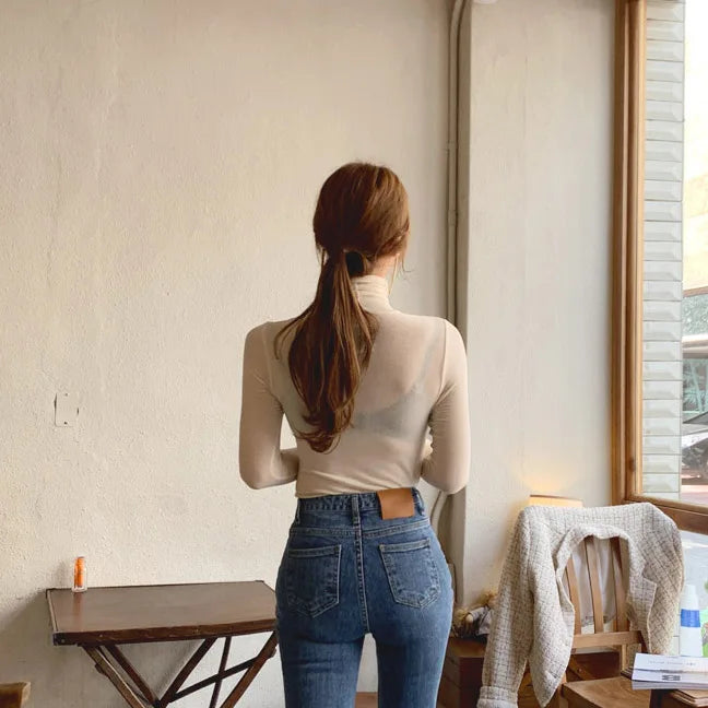 Turtleneck Slim High Quality Plain T Shirt Women Cotton Elastic Basic Female Tops Long Sleeve Sexy Thin T-shirt see through 2026
