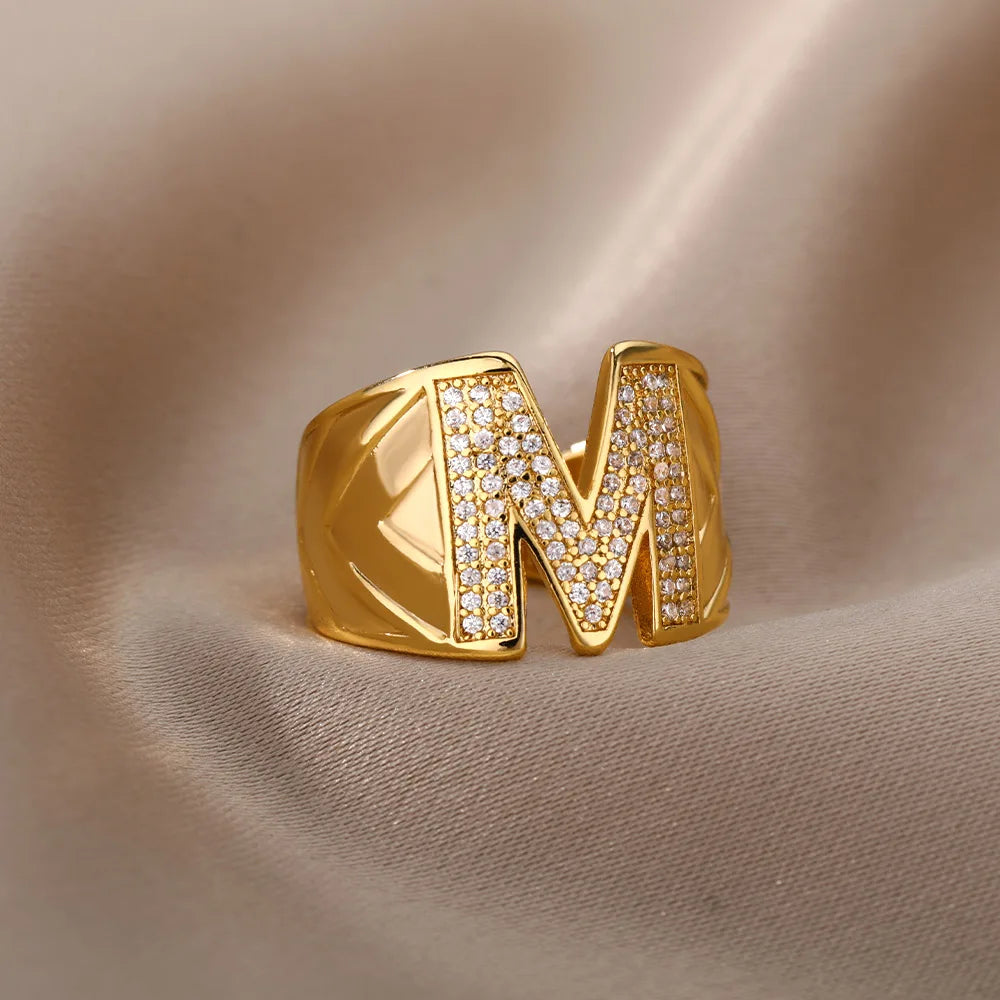 Chunky Wide Zircon Initial Letter Rings For Women Stainless Steel Opening Finger Ring Hip Hop Minimalist Jewelry Gift Femme