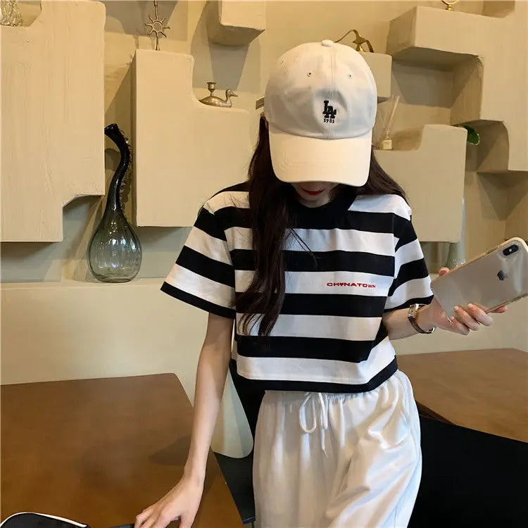 Black White Striped Cropped Top Women Summer New Korean Loose Short-sleeved T-shirt Fashion Egirl Letter Print Oversized Shirt
