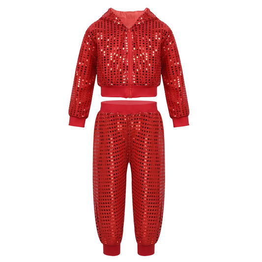 Kids Boys Girls Jazz Hip-hop Street Dance Costume Shiny Sequins Hooded Coat Tops with Pants Disco Party Performance Dancewear