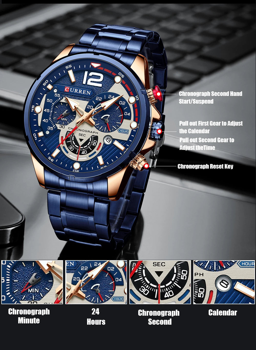 CURREN Luxury Brand Sport Wristwatches for Man Luminous Quartz Watches Casual Chronograph Stainless Steel Male Clock