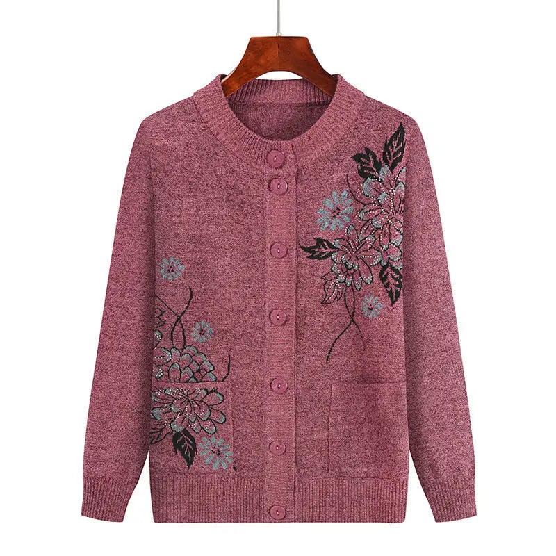 Grandma Embroidered Knit Cardigan Jacket Autumn Winter Loose O Neck Long Sleeve Pocket Sweater Coat Casual Female Outwear Tops