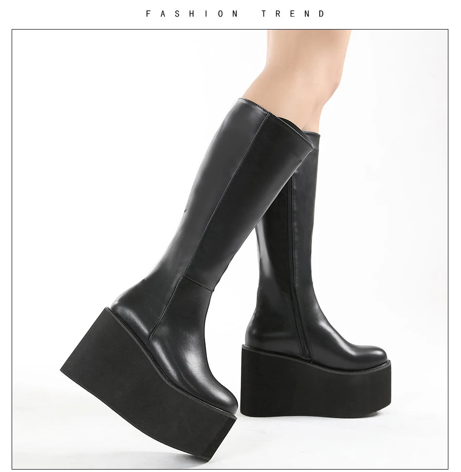 Gdgydh Matte Black Knee High Boots Women Platform Wedges High Heels Thick Bottom Ladies INS Hot Winter Fashion Elegant Drop Ship