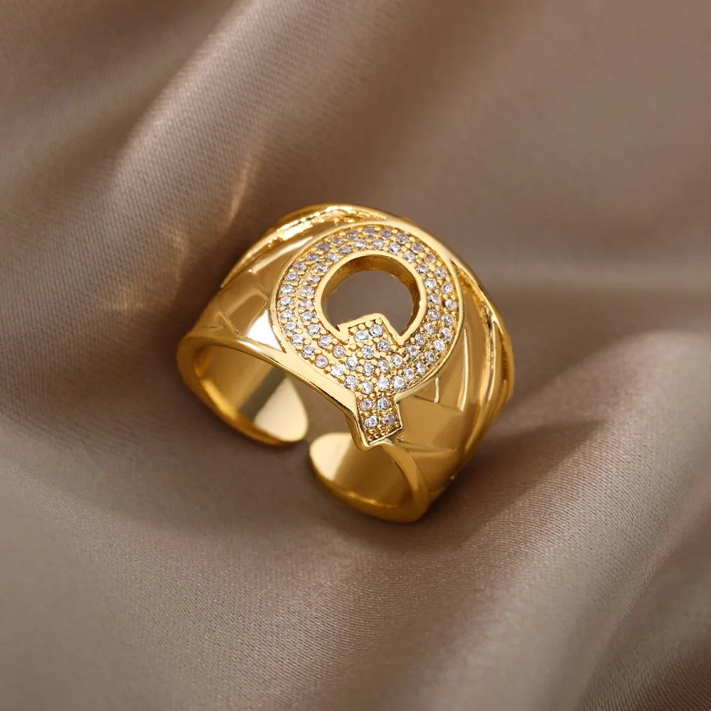 Chunky Zircon Initial Letter Rings For Women Stainless Steel Hip Hop Jewelry