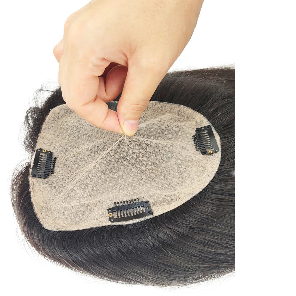 6X6inch Real Human Hair Topper for Women Virgin European Hair Toupee with Clips In Natural Hairline Scalp Base Fine Hairpiece