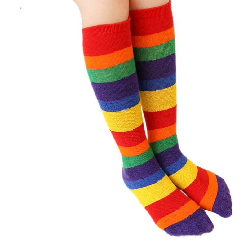 Children Socks Girls Socks Knee Casual Fashion Rainbow Striped Printing Knee Socks Kids Breathable Cotton Girl Socks