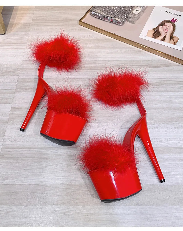 17CM Fur Womens Party Shoes Fashion 2023 Summer Sexy Exquisite Open Toe Ladies Shoes Female Stiletto Super High Heel Sandals