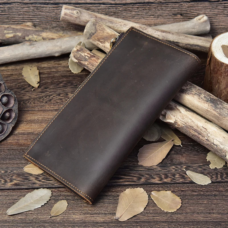 Men's Crazy Horse Leather Long Wallet Brown Real leather Trifold clutch snap purse Hasp purse with Phone pocket and coin pocket