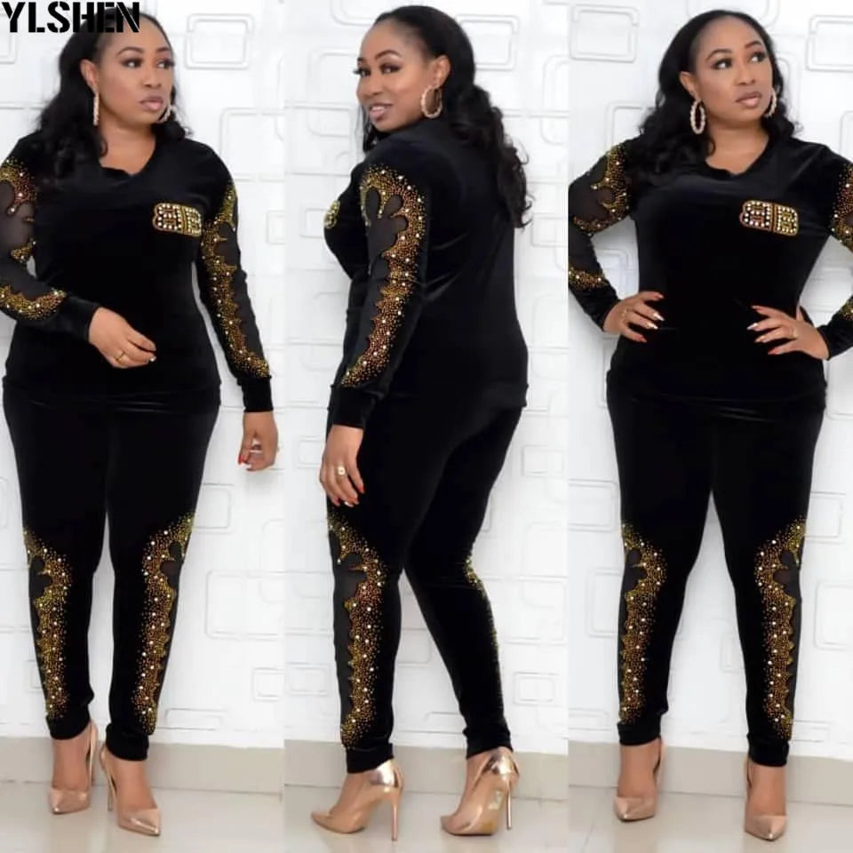 African Sets For Women 2024 Long Sleeve Beading Diamonds African Elastic Bazin Baggy Pants Rock Style Dashiki Famous Suit Lady