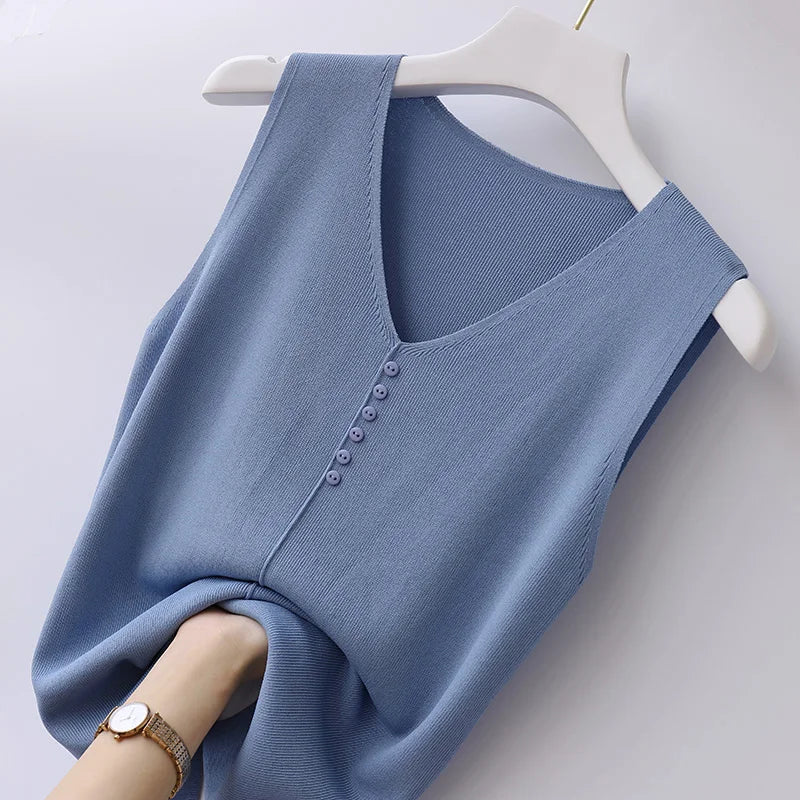 Knitted Vests Women Top V-neck Solid Tank Blusas Mujer De Moda 2026 Summer New Fashion Female Sleeveless Casual Thin Tops