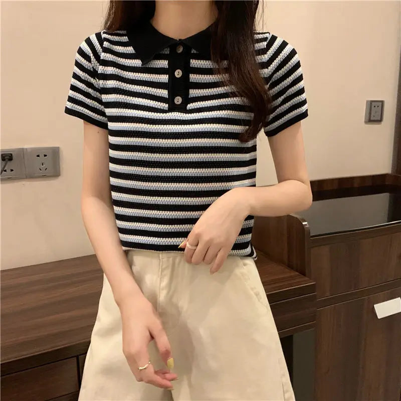 Woman TShirts Top Summer Women's 2021 Striped Knitted Short-Sleeved  Crop Top Mujer Camisetas