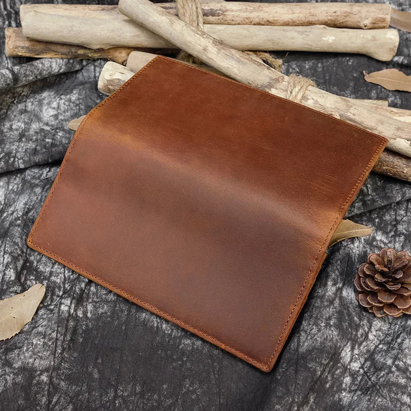 Men's Crazy Horse Leather Long Wallet Brown Real leather Trifold clutch snap purse Hasp purse with Phone pocket and coin pocket