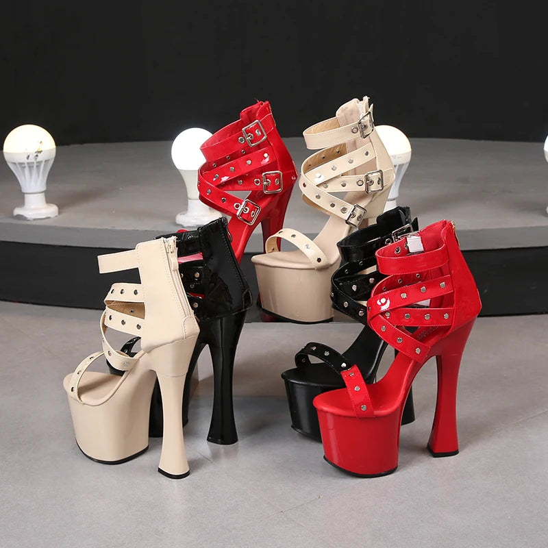 Summer Night Club Women Rivets Sandals 2021 New Thick High Heel Platform Lady Open Toe High Heels Fashion Belt Buckle Zip Shoes