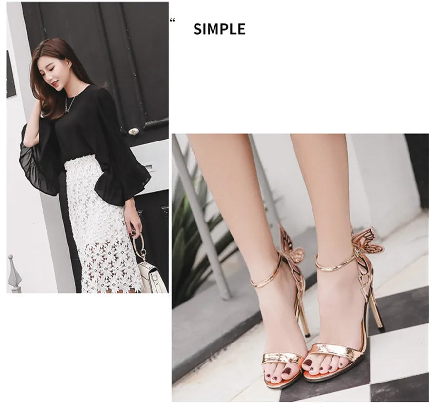 New Design Butterfly Wings Sandals Women Sexy Stiletto Patent Leather Party Dress Open Toe Buckle High Heels Platform Shoes Lady
