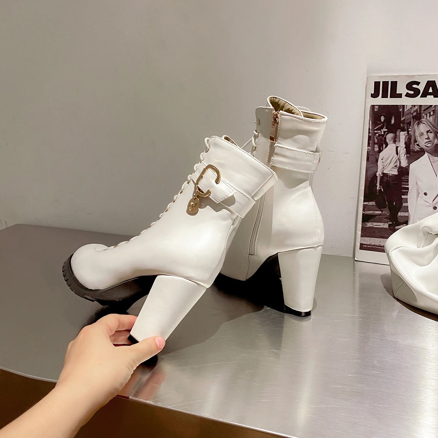 Women's Autumn Lace-Up Chunky Heel Ankle Boots with Belt Buckle Side Zipper High Heels Booties Lace Up Design Classic Lolita