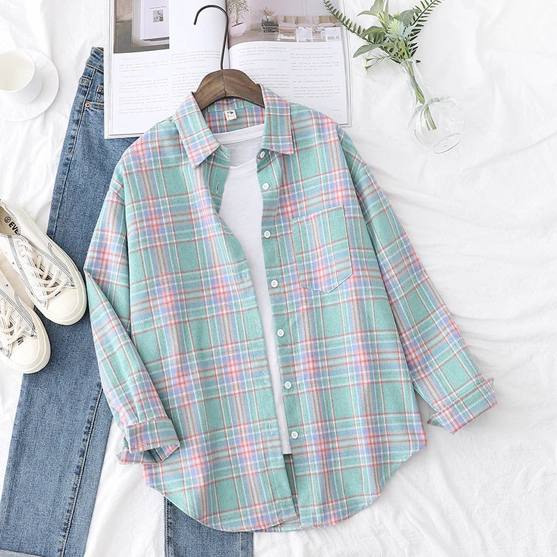 2025 New Fashion Loose Womens Plaid Shirt Fresh College Style Design Blouses And Tops Long Sleeve Casual Female Checked Clothes