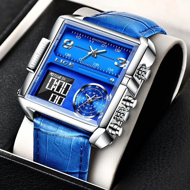 LIGE 2025 Top Brand Luxury Mens Watches Square Digital Sports Quartz Wrist Watch for Men Waterproof Stopwatch Relogio Masculino