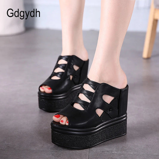 Gdgydh Open Toe Platform Mules Sandals Wedges Shoes For Women American High Heels Hollow Out Black Vegan Leather Backless