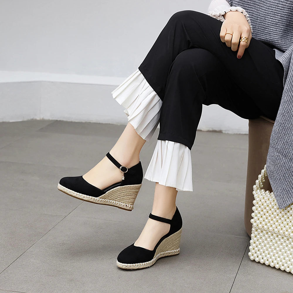 Spring New Women Espadrilles Leisure Wedges High Heels Lady Pumps Foothold Shoes Heel Slip On Round Toe for Femme Chaussures