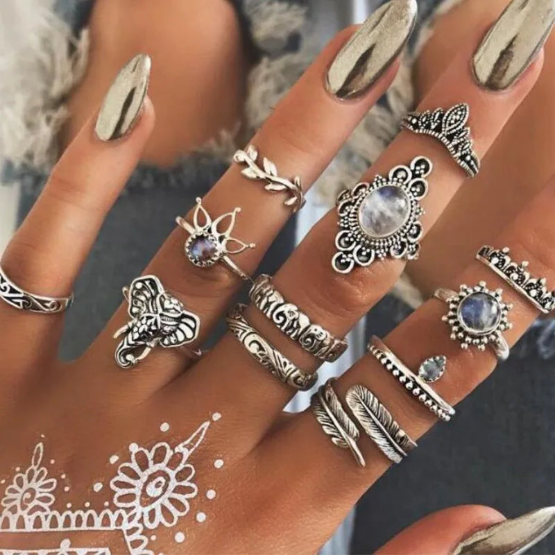 12pcs/Set Fashion Elephant Knuckle Rings Set For Women Crystal Stone Feather finger Ring Female Boho Party Jewelry Gift