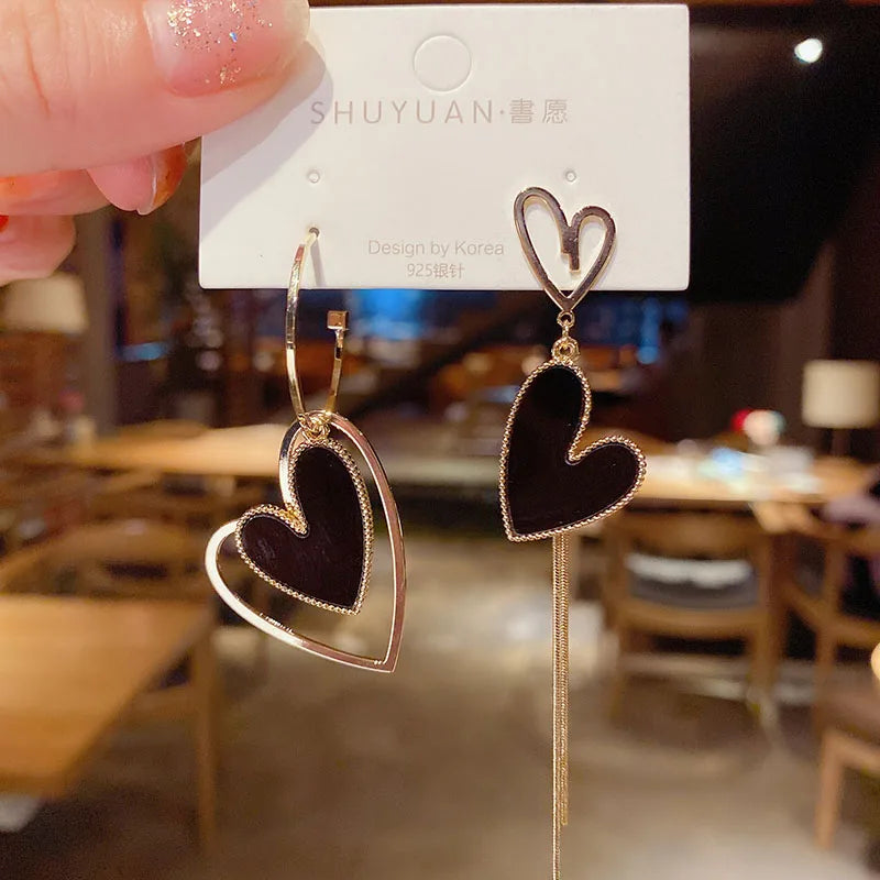 Korean Asymmetric Hollow Black Heart Dangle Earrings For Women Temperament Exaggerated Drop Earrings Party Jewelry