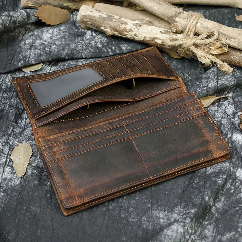 Men's Crazy Horse Leather Long Wallet Brown Real leather Trifold clutch snap purse Hasp purse with Phone pocket and coin pocket