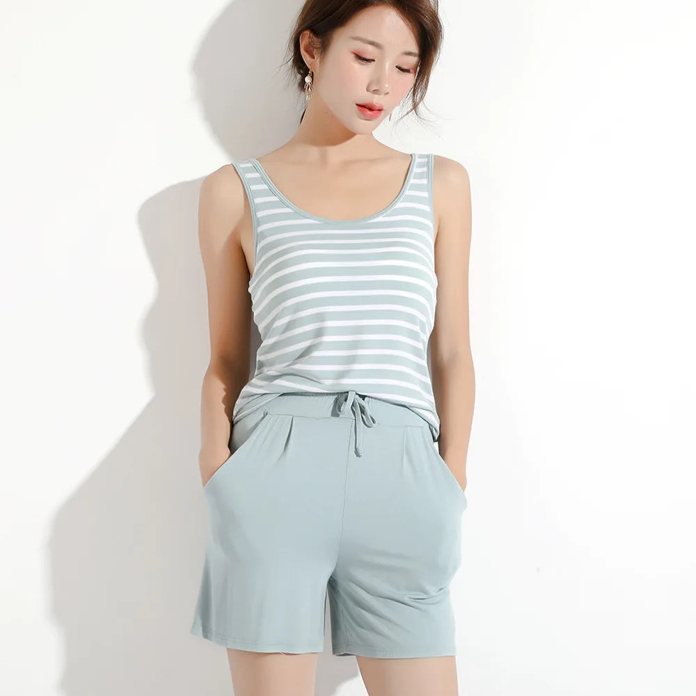 Summer Styles Sleepwear Set New Sleeveless Shorts Sexy Pajama Set Cute Women's Home Wear Striped Pyjamas With Chest Pad
