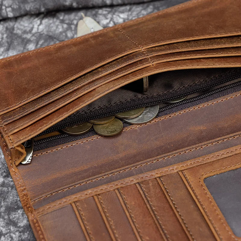 Men's Crazy Horse Leather Long Wallet Brown Real leather Trifold clutch snap purse Hasp purse with Phone pocket and coin pocket