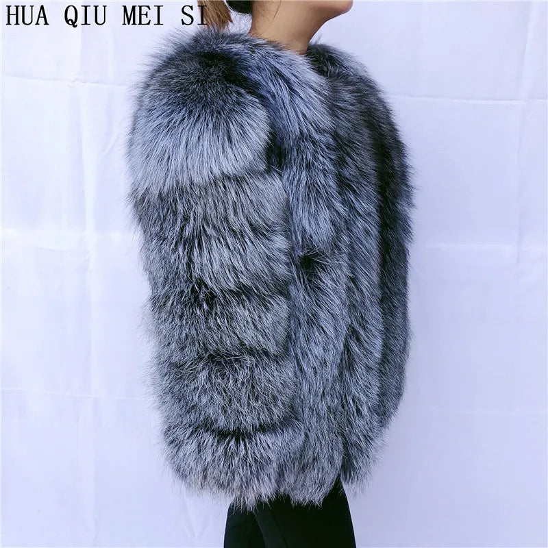 HUAQIUMEISI Real fox fur coat women's autumn and winter vertical bar natural fox jacket new fashion silver fox fur coat
