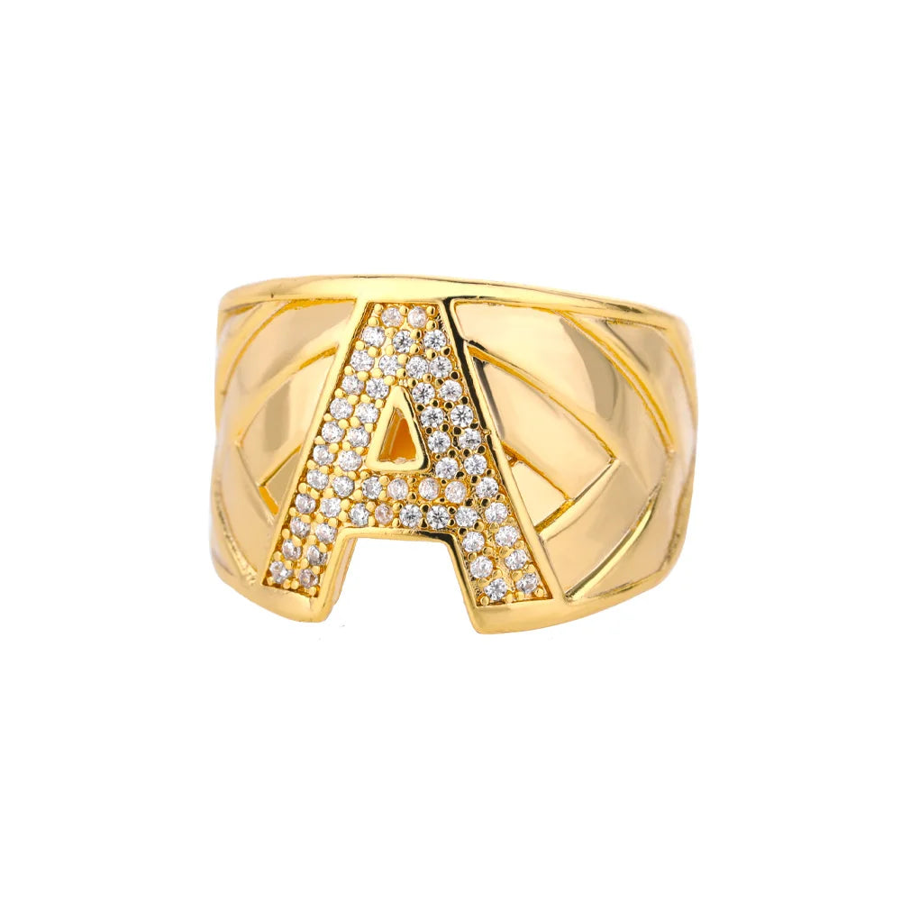 Chunky Zircon Initial Letter Rings For Women Stainless Steel Hip Hop Jewelry