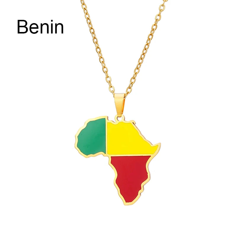 African Map Flag Pendant Necklace Stainless Steel Men Women Rwanda Sudan Uganda Zimbabwe Zambia Ethnic Maps Jewelry Gift