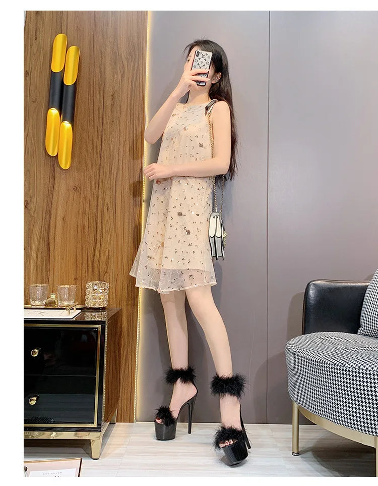 17CM Fur Womens Party Shoes Fashion 2023 Summer Sexy Exquisite Open Toe Ladies Shoes Female Stiletto Super High Heel Sandals