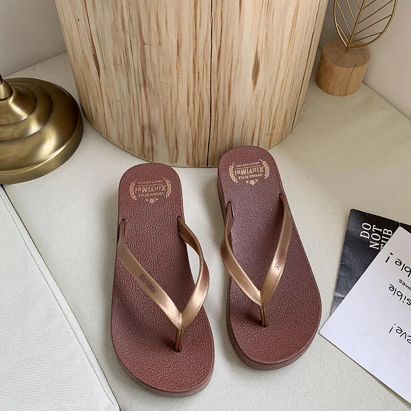 EOFK Women Flip Flops Wedges Casual Shinny Beach 3.5 Cm Height PVC Solid Summer Outside Slippers Soft Shoes