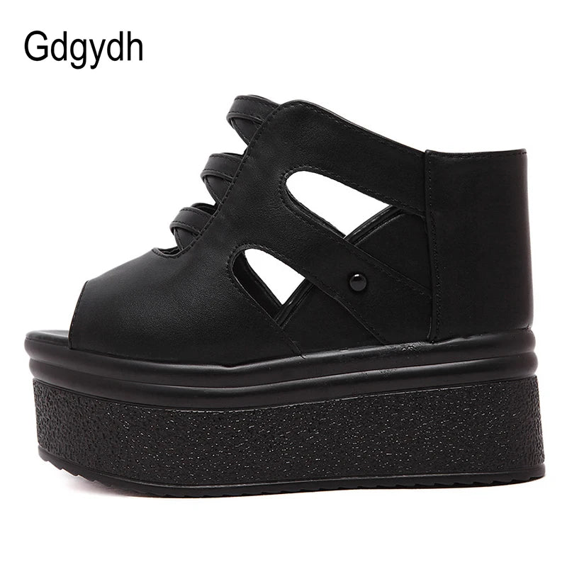 Gdgydh Open Toe Platform Mules Sandals Wedges Shoes For Women American High Heels Hollow Out Black Vegan Leather Backless
