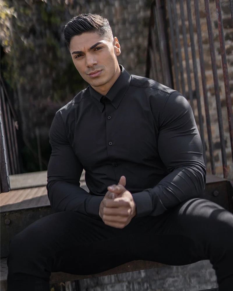 Autumn Fashion Long Sleeve Shirt Men Super Slim Fit Male Casual Social Business Dress Shirt Brand Men Fitness Sports Clothing