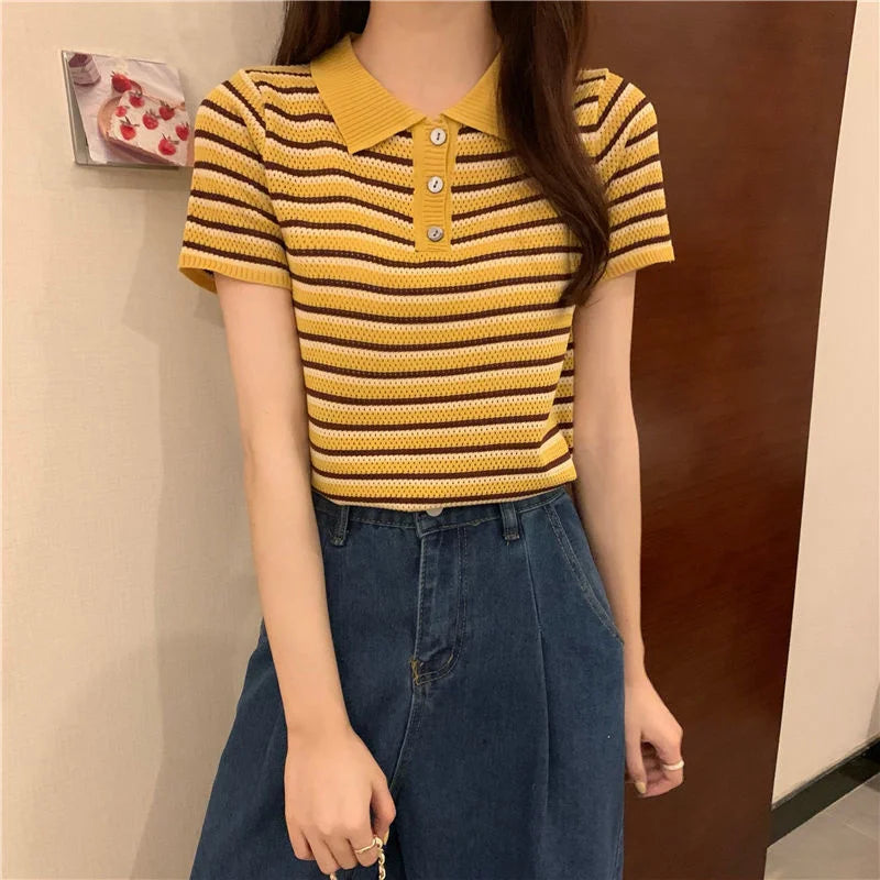 Woman TShirts Top Summer Women's 2021 Striped Knitted Short-Sleeved  Crop Top Mujer Camisetas
