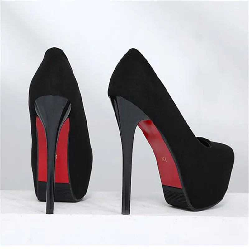 Women's Super High Heels Flock Platform Pumps Night Club Sexy Thin Heel plus Size Big Footwear 14cm