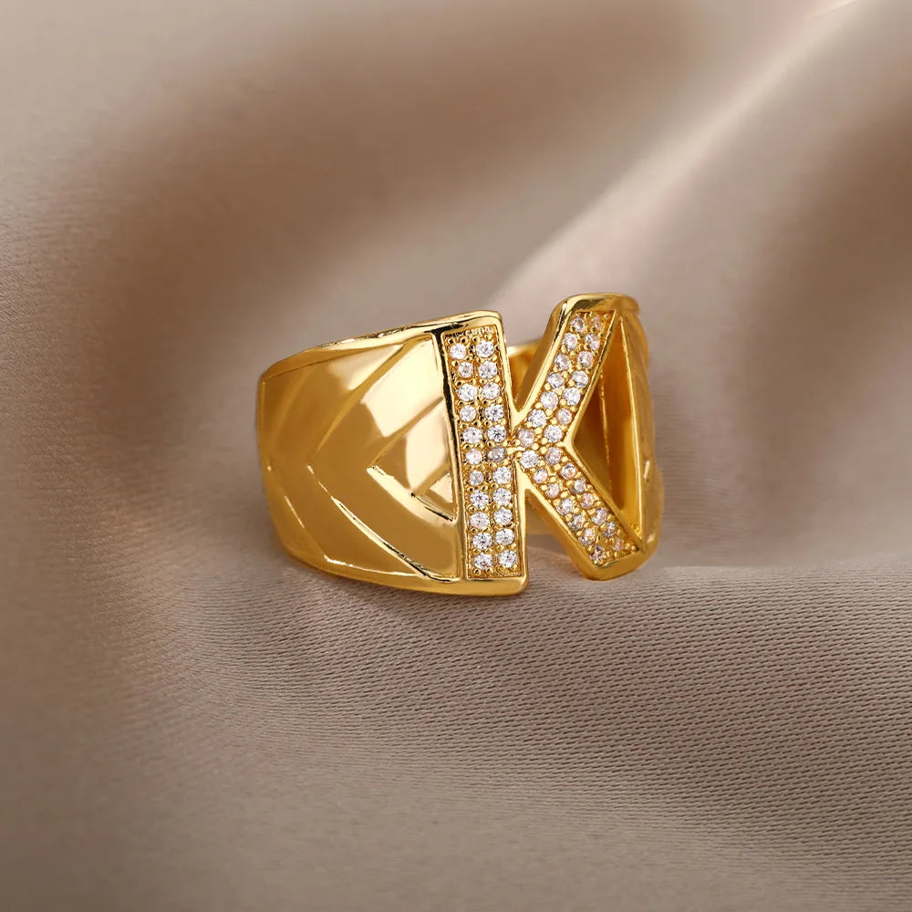 Chunky Zircon Initial Letter Rings For Women Stainless Steel Hip Hop Jewelry