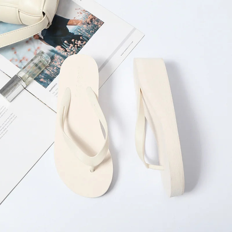EOFK Women Flip Flops Wedges Casual Shinny Beach 3.5 Cm Height PVC Solid Summer Outside Slippers Soft Shoes