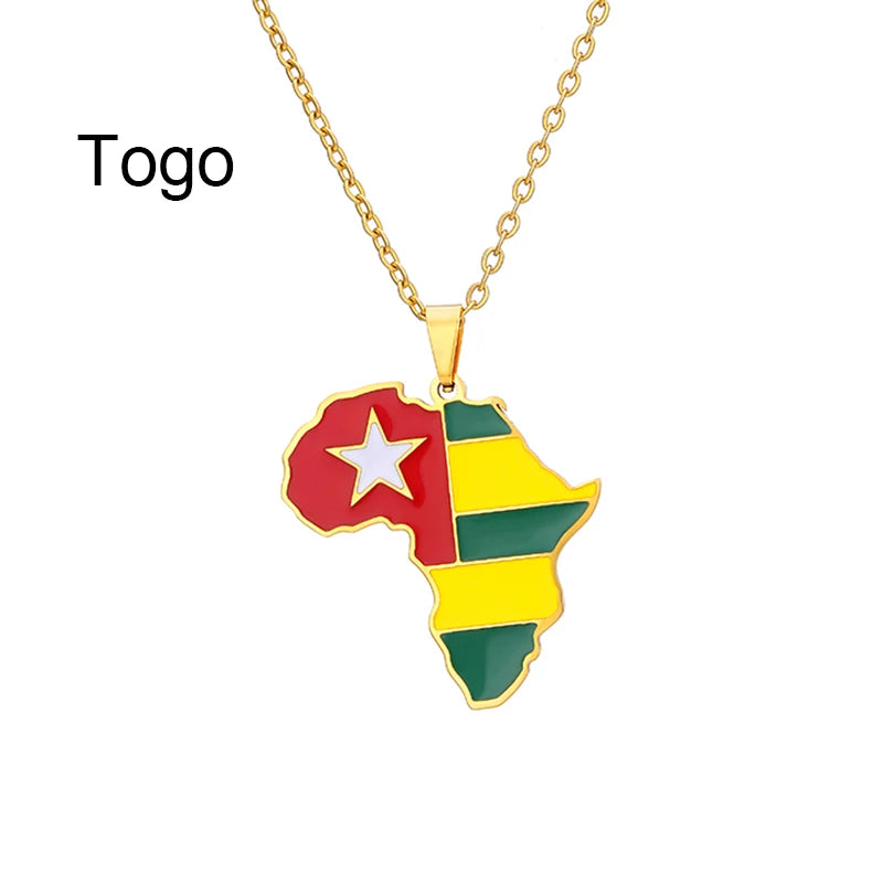 African Map Flag Pendant Necklace Stainless Steel Men Women Rwanda Sudan Uganda Zimbabwe Zambia Ethnic Maps Jewelry Gift