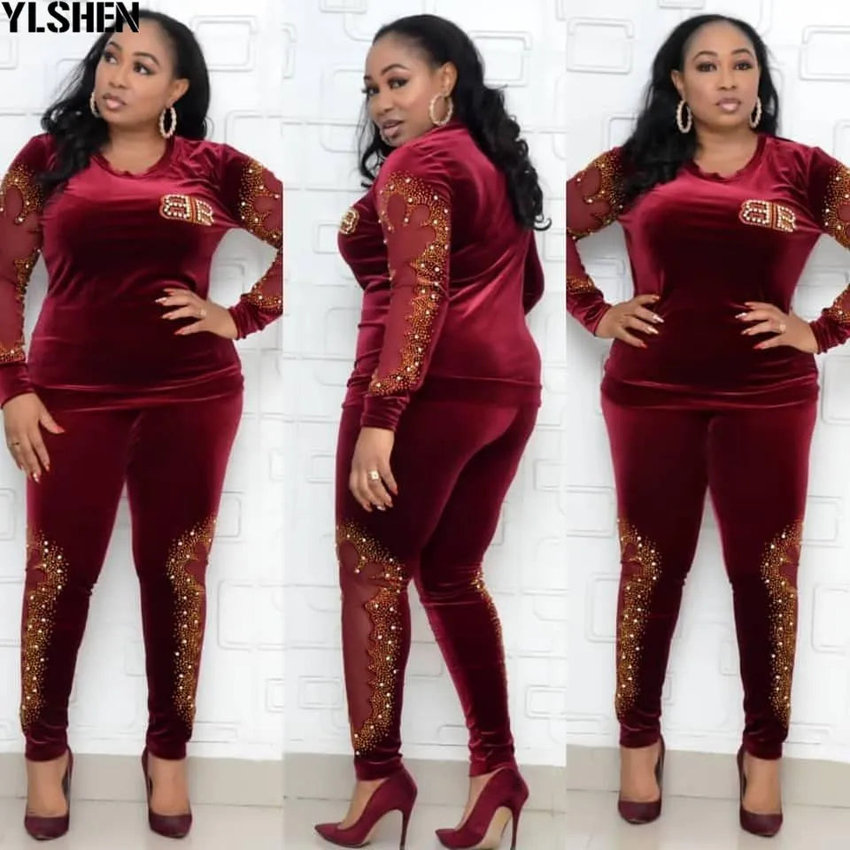 African Sets For Women 2024 Long Sleeve Beading Diamonds African Elastic Bazin Baggy Pants Rock Style Dashiki Famous Suit Lady