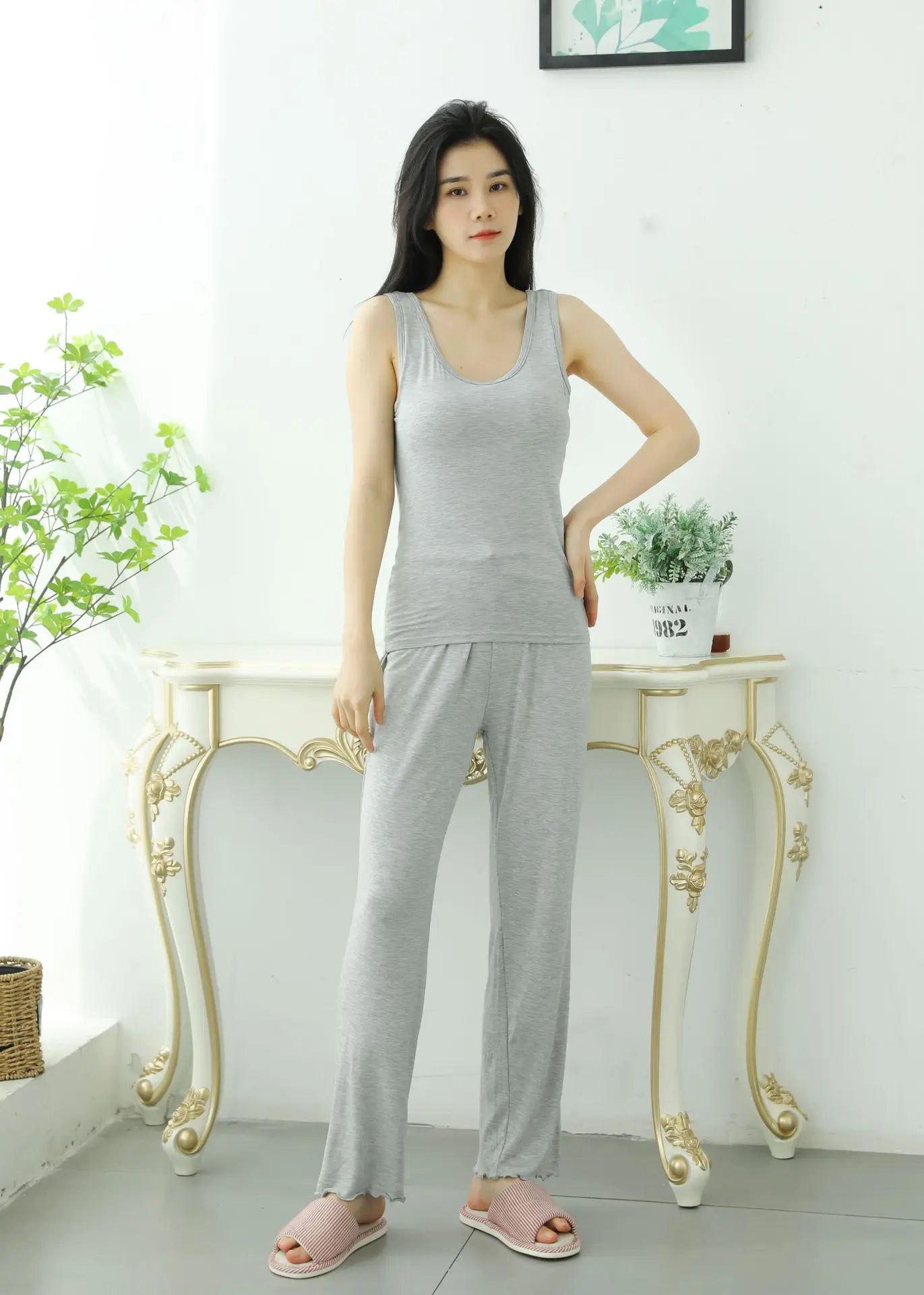 Fdfklak Modal Women's Vest Trousers Suit Pajamas Chest Pads Bra Bottoming Loose Lotus Leaf Pants Two Piece Set Home Clothes