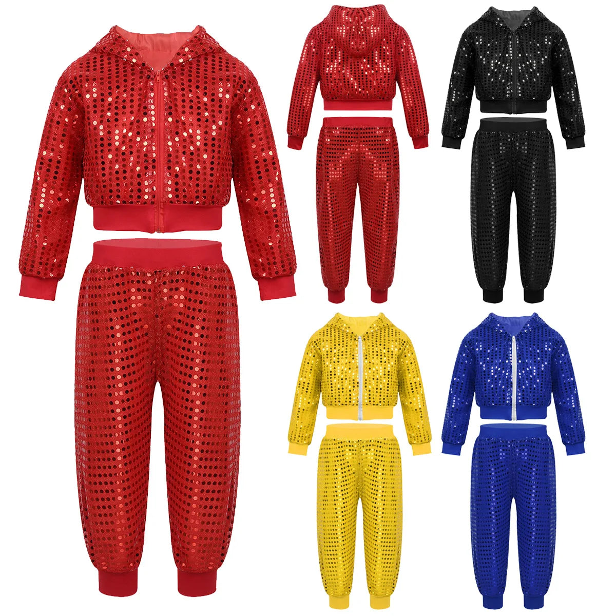 Kids Boys Girls Jazz Hip-hop Street Dance Costume Shiny Sequins Hooded Coat Tops with Pants Disco Party Performance Dancewear