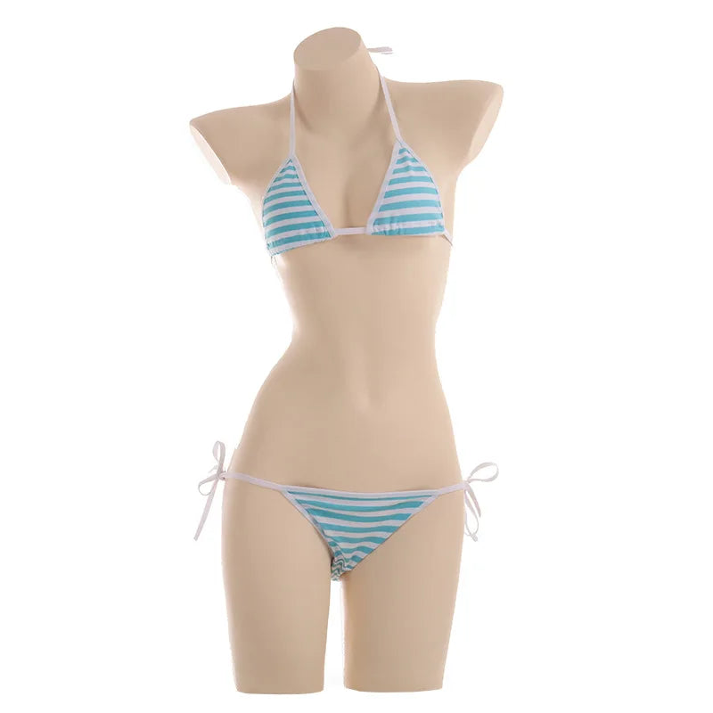 Sexy Women Underwear Set  Striped Bikini Thigh High Stocking Swimsuit Erotic Costumes Cosplay Japanese Anime Bra Briefs