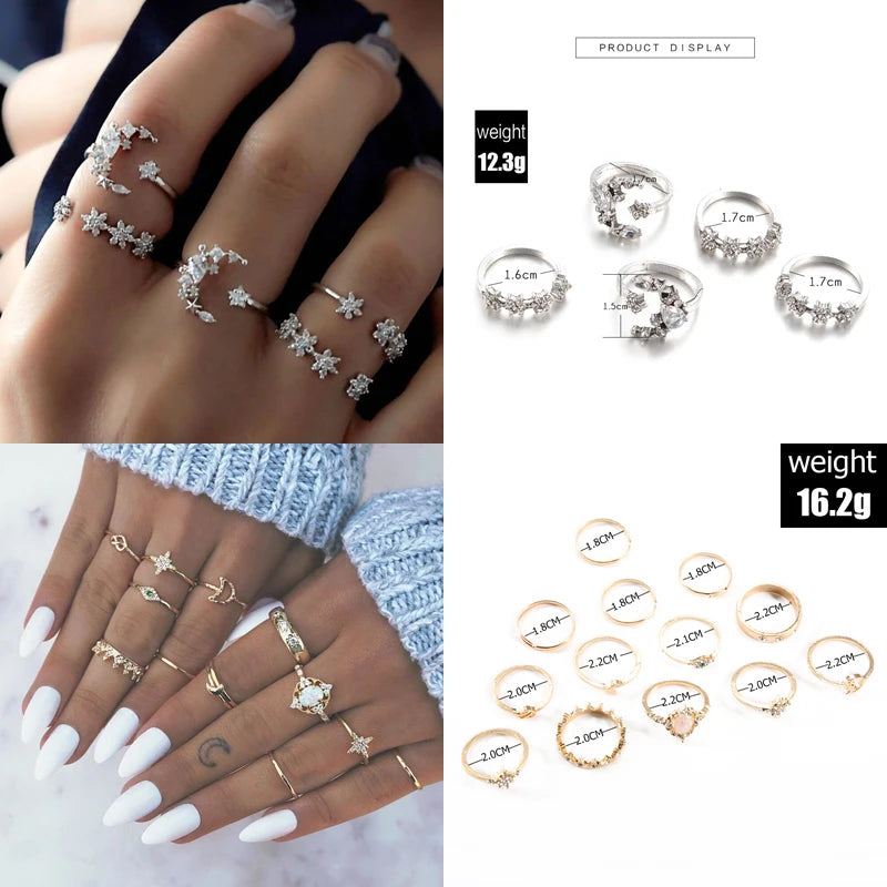 12pcs/Set Fashion Elephant Knuckle Rings Set For Women Crystal Stone Feather finger Ring Female Boho Party Jewelry Gift