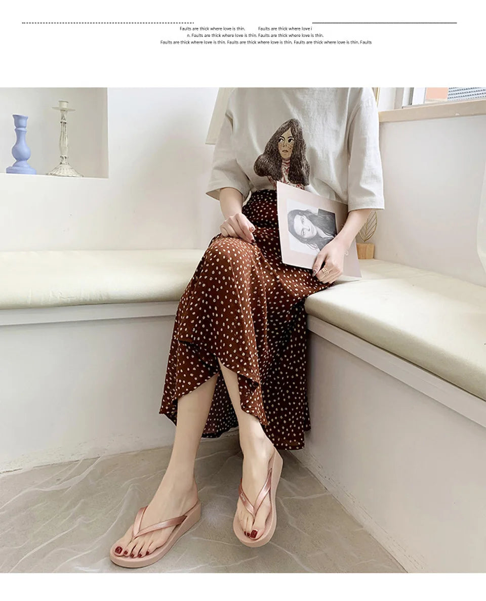 EOFK Women Flip Flops Wedges Casual Shinny Beach 3.5 Cm Height PVC Solid Summer Outside Slippers Soft Shoes