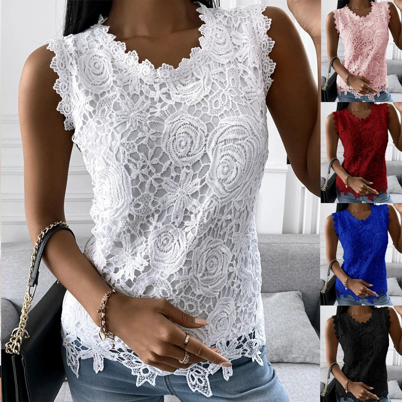 Summer Floral Lace Sleeveless Blouse O Neck Tank Top For Women Rose Pattern
