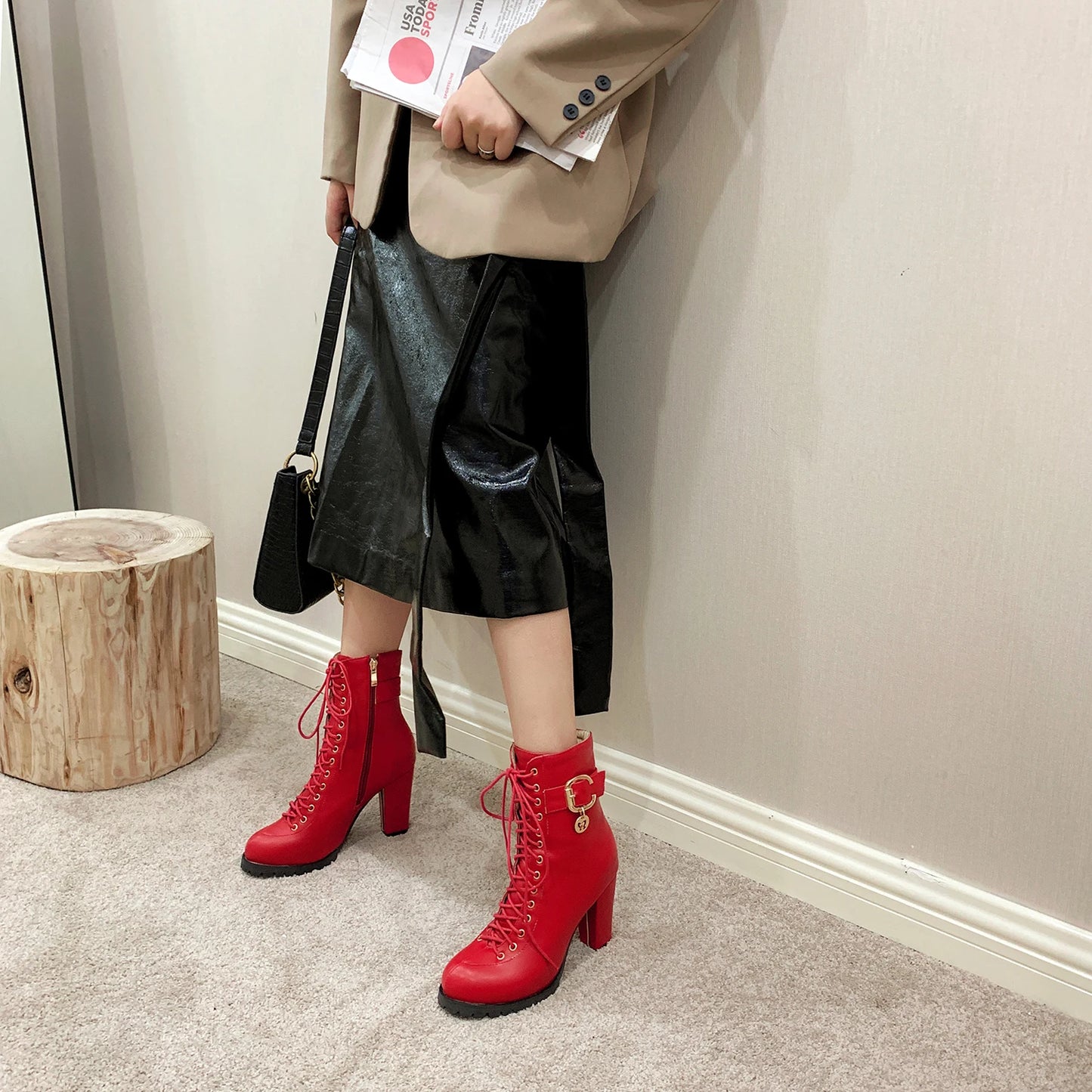 Women's Autumn Lace-Up Chunky Heel Ankle Boots with Belt Buckle Side Zipper High Heels Booties Lace Up Design Classic Lolita