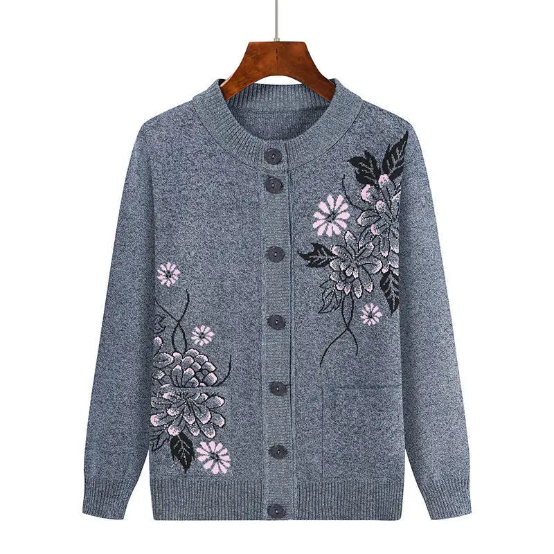 Grandma Embroidered Knit Cardigan Jacket Autumn Winter Loose O Neck Long Sleeve Pocket Sweater Coat Casual Female Outwear Tops