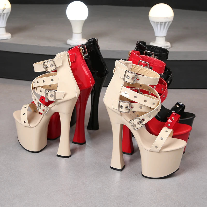 Summer Night Club Women Rivets Sandals 2021 New Thick High Heel Platform Lady Open Toe High Heels Fashion Belt Buckle Zip Shoes